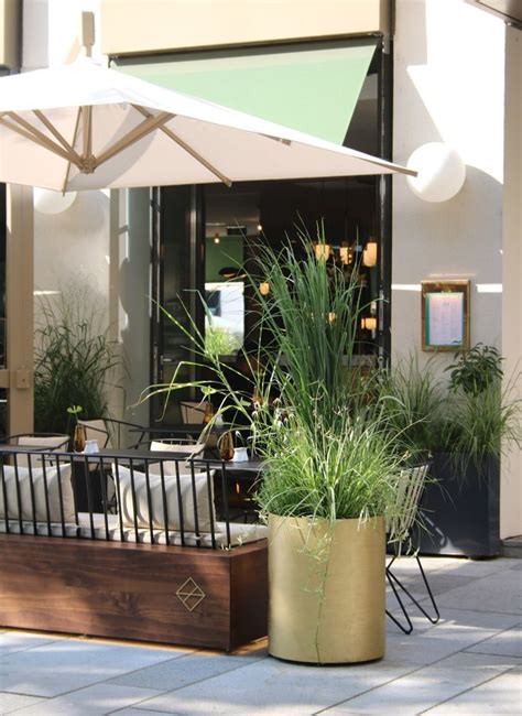 An Outdoor Seating Area With Umbrella And Potted Plants