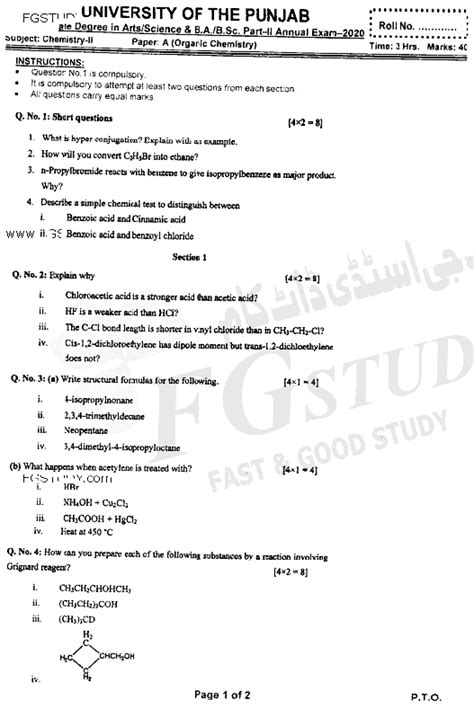 BSc Part 2 Chemistry 2 Organic Chemistry Past Paper 2020 Punjab University