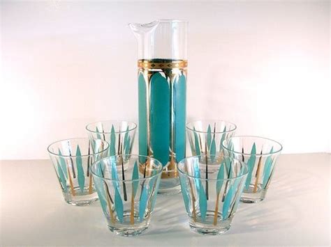 Vintage Glassware Set with Blue Vase and Gold Trimmings