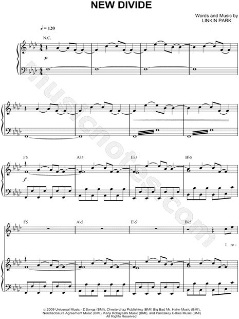 Linkin Park New Divide Sheet Music In F Minor Transposable