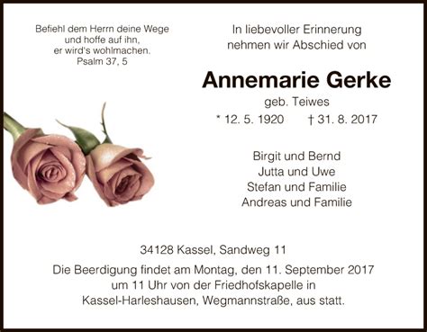 Traueranzeigen Von Annemarie Gerke Trauer HNA De