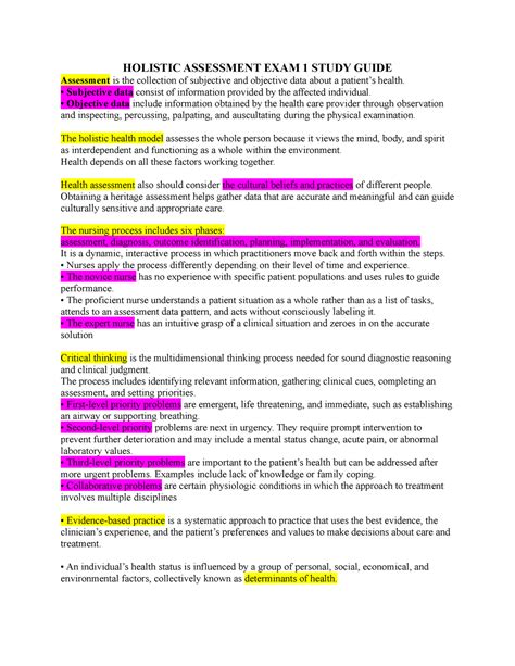 Holistic Assessment Exam Study Guide Holistic Assessment Exam