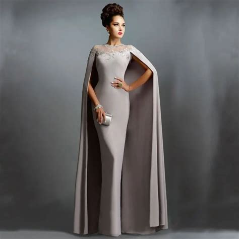 Saudi Arabia Grey Chiffon Sheer Necklace With Cape Long Formal Evening