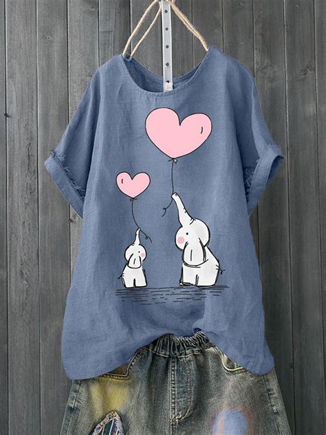 Cute Elephant Print Crew Neck Short Sleeve Blouse Sale