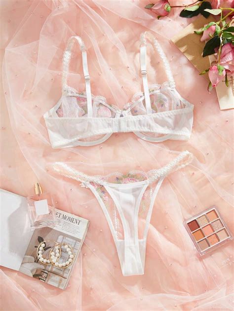 Floral Embroidered Mesh Sexy Lingerie Set For Wedding Season Shein Uk