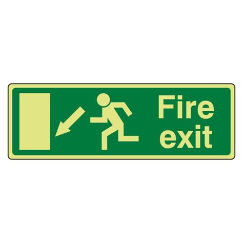 Photoluminescent Ec Fire Exit Arrow Down Left Sign With Text