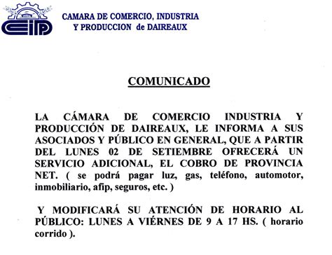 IMPORTANTE COMUNICADO DE LA CÁMARA DE COMERCIO FM Estilo Daireaux