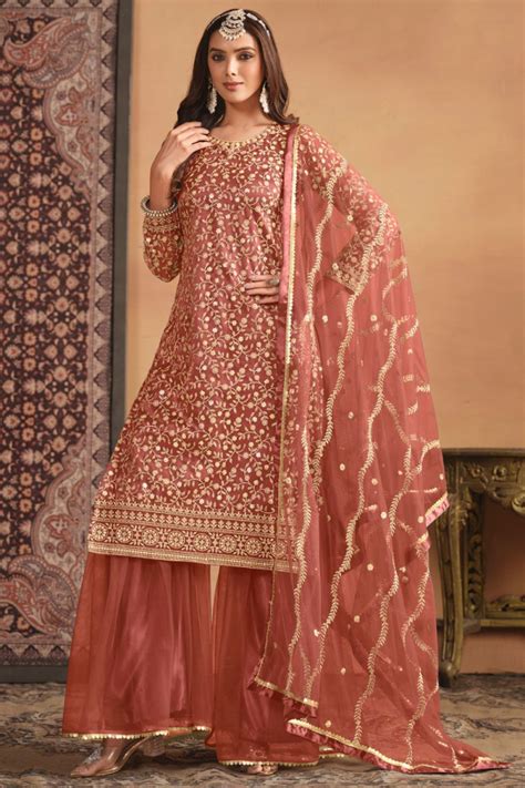 Rust Orange Embroidered Net Sarara Kameez