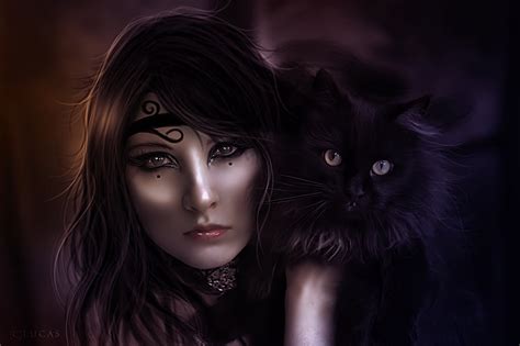 HD wallpaper: Fantasy, Dark, Black, Cat, Face, Witch, Woman, portrait ...