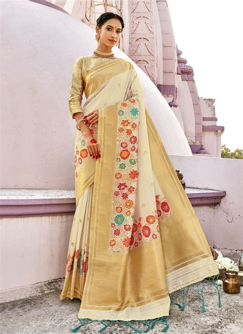 Buy Off White Banarasi Silk Designer Traditional Saree Online 187355