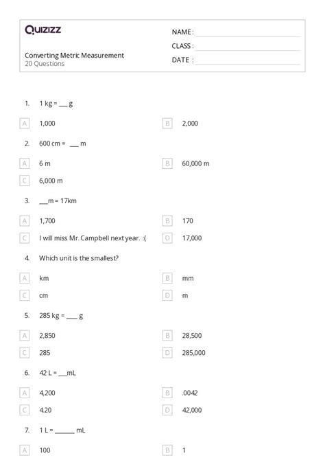 50 Metric Measurement Worksheets For 5th Class On Quizizz Free