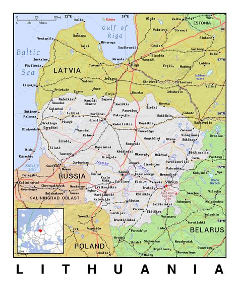 Detailed Political Map Of Lithuania With Relief Lithuania Europe