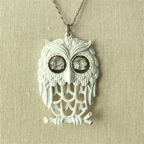 Vintage White Enamel Owl With Dangling Rhinestone Eyes Pendant Etsy