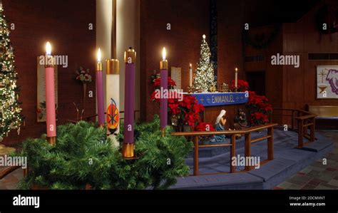 Advent Wreath In Church Chancel With Three Candles Lit Advent Third