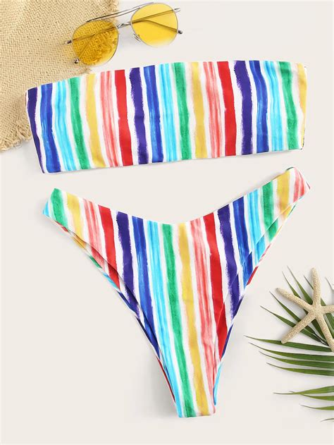 Watercolor Striped Bandeau Bikini Set With Hair Tie Shein Bandeau