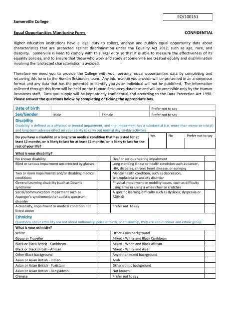 Somerville College Equal Opportunities Monitoring Form