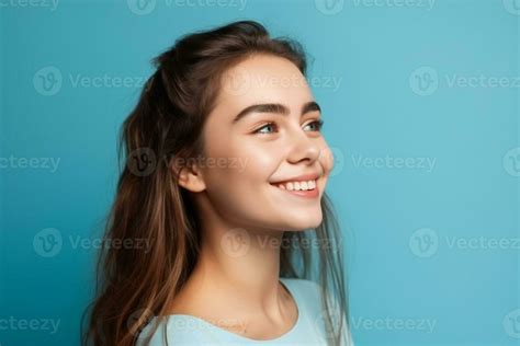 Profile Side View Portrait Of Attractive Cheerful Girl Demonstrating Copy Space Ad New Isolated