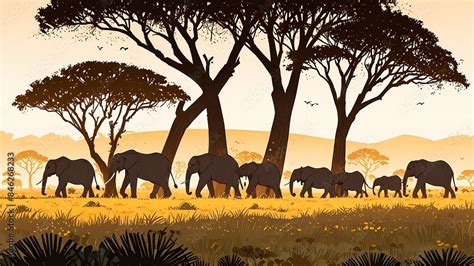 Golden safari, animals , elephant Anime style illustration, flat art ...