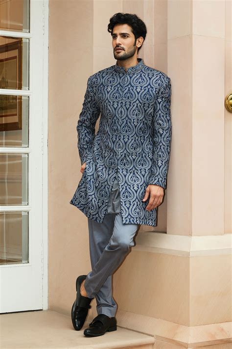 Buy Blue Matka Tussar Embroidered Resham Baroque Pattern Sherwani Set