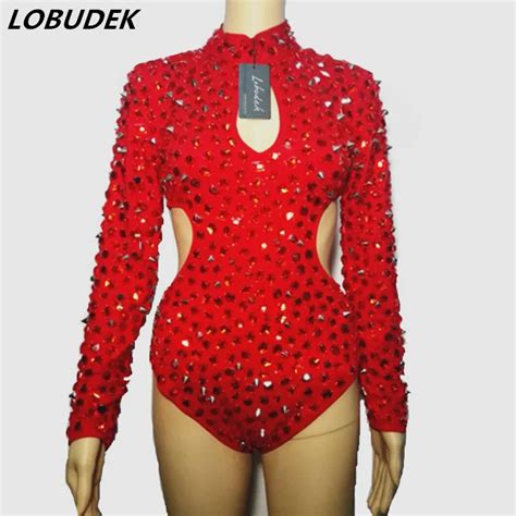 Hand Sewing Rhinestones Rivet Red Bodysuit Sexy Hollow Out Crystal