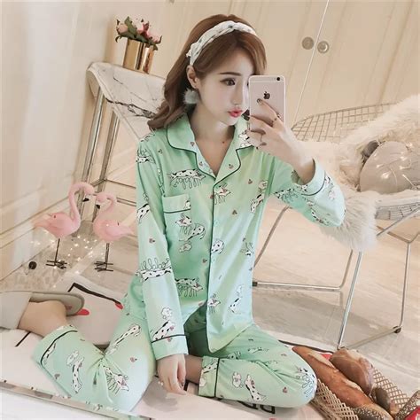 Spring Women Pajama Sets Open Button Sleepwear Long Sleeve Pajamas Turn