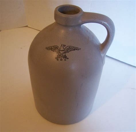 Vintage Stoneware Crock Jug Gray Glaze Eagle Stamp 10 Inches Tall Prim