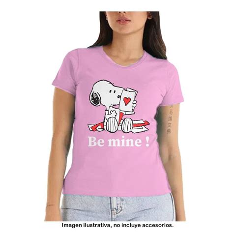 Playera Peanuts Para Mujer Manga Corta Be Mine Snoopy Fit Normal Rosa