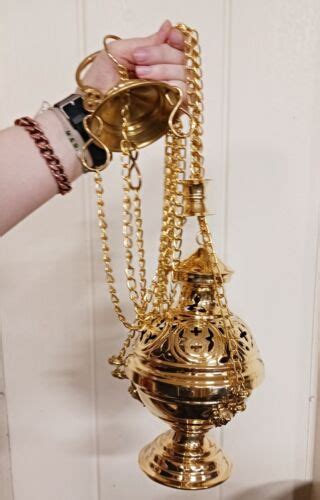 Polished Brass Hanging Incense Burner Orthodox Censer With Boat And