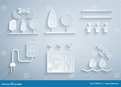 Set Smart Farming Technology With Bulb And Plant Sensor Drone Trees