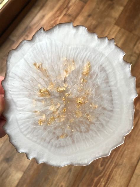 White Gold Leaf Agate Geode Style Beautiful Resin Coasters Etsy Uk