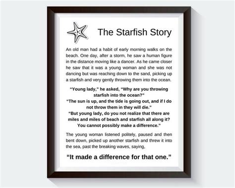 the starfish story is displayed in a framed black and white frame on a wall