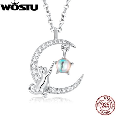 WOSTU 925 Sterling Silver Cute Cat Rabbit Necklace Star Zircon Moon