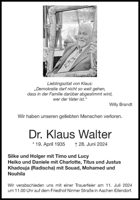 Traueranzeigen Von Klaus Walter Aachen Gedenkt