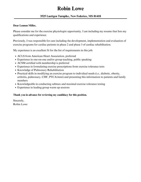 Exercise Physiologist Cover Letter Velvet Jobs