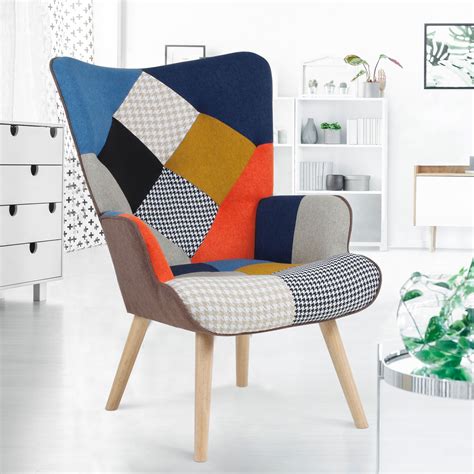 Fauteuil Scandinave Patchwork Multicolore Et Imprim Pied De Poule