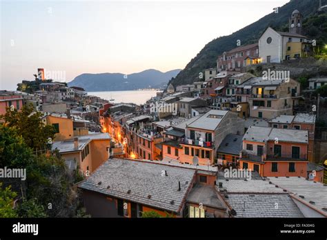 Scenic Night View Of Village Vernazza And Ocean Coast In Cinque Terre