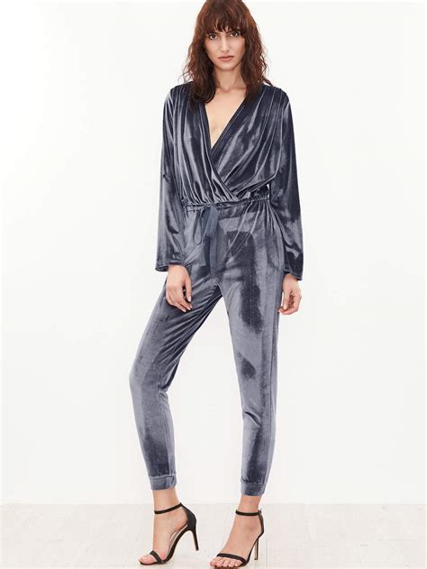 Surplice Front Drawstring Waist Rolled Sleeve Velvet Jumpsuit Shein