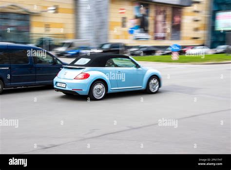 Ukraine Kyiv 26 April 2021 Light Blue Volkswagen Beetle Car Moving