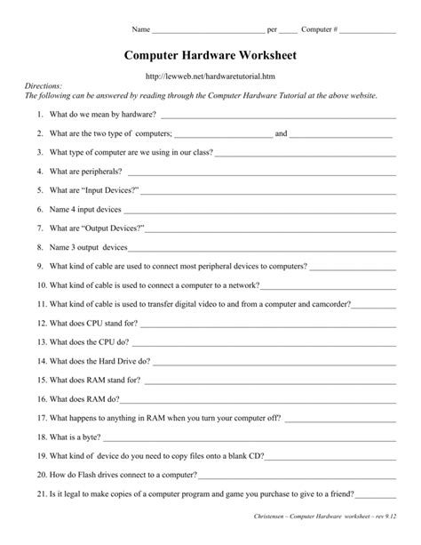 Computer Hardware And Software Worksheet Answers Support Worksheet
