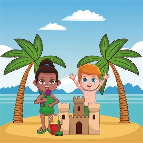 Lindos filhos se divertindo na praia desenhos animados ilustração