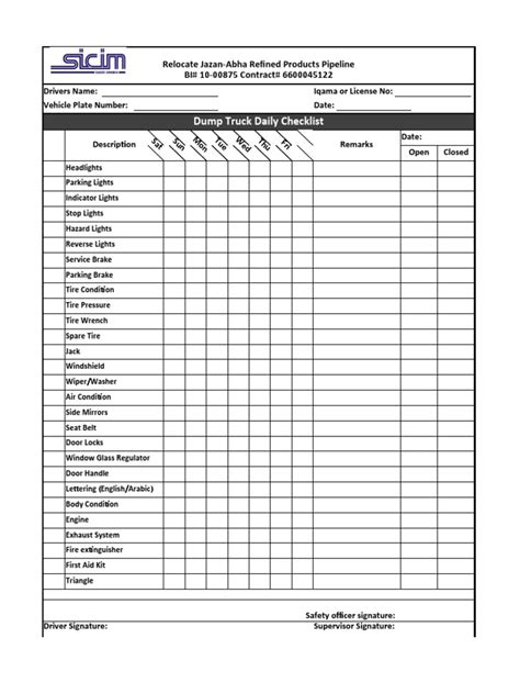 Dump Truck Daily Checklist Relocate Jazan Abha Refined Products Pipeline Bi 10 00875 Contract