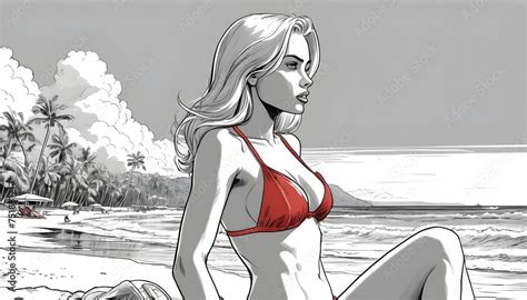 Blond Model Girl In Bikini On A Beach Black And White Comic With Red
