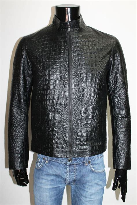 Italian Handmade Men Genuine Black Lambskin Leather Embossed Alligator