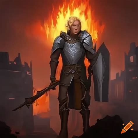 Blond Male Half Elf Paladin Overlooking A Burning City