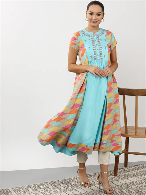 Buy Sangria Women Blue Yellow Printed Anarkali Kurta Kurtas For