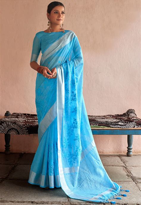 Buy Embroidered Linen Saree In Light Blue Online Syc11231 Utsav Fashion