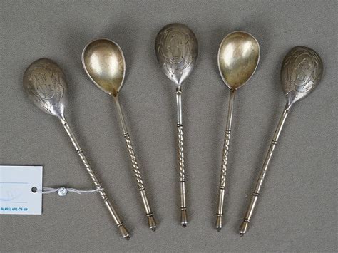 Пять кофейных ложек, серебро 84 пробы, золочение, гравировка, общий вес ...