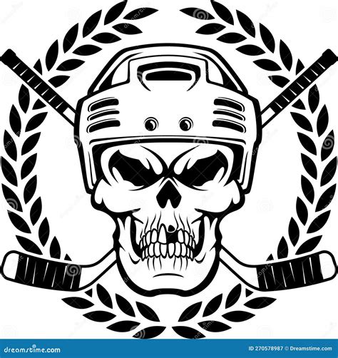 Skull Wearing Ice Hockey Helmet Laurel Wreath And Crossing Ice Hockey