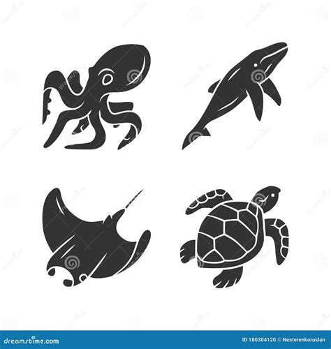 Underwater World Glyph Icons Set Swimming Octopus Turtle Whale