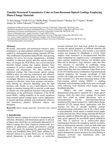 Pdf Tunable Structural Transmissive Color In Fano Resonant Optical